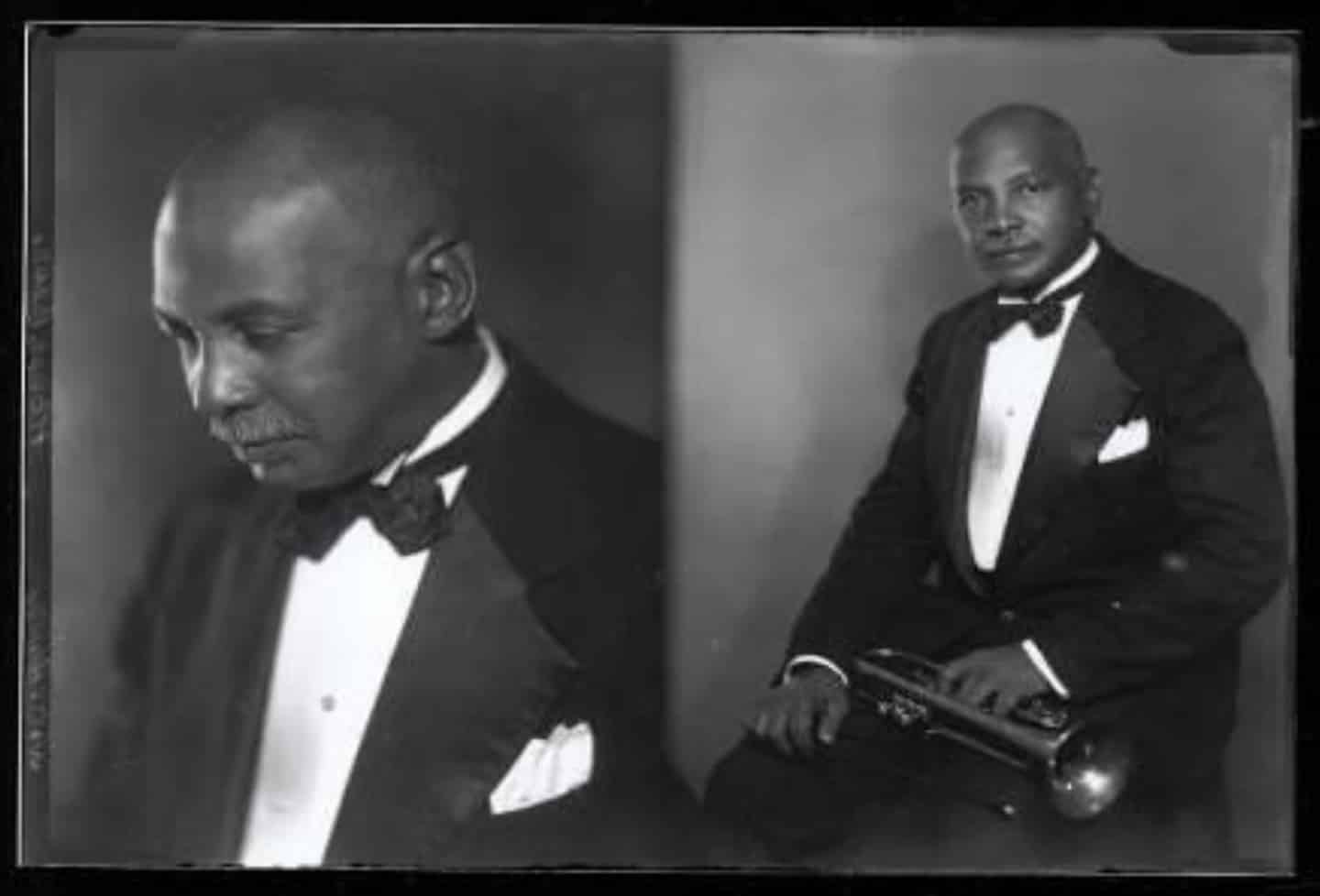 Two black and white photos of a man in a tuxedo, captured with the elegance of black Memphis photography.