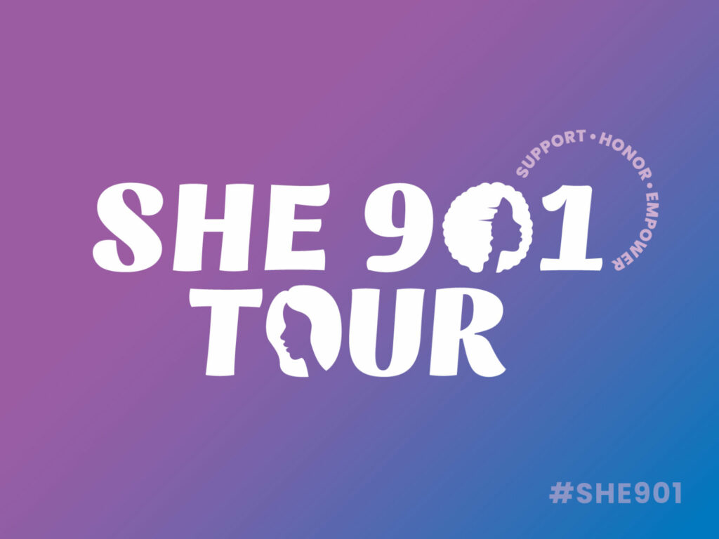 Graphic image celebrating the "she 901 tour" with a purple gradient background and a hashtag #she901.