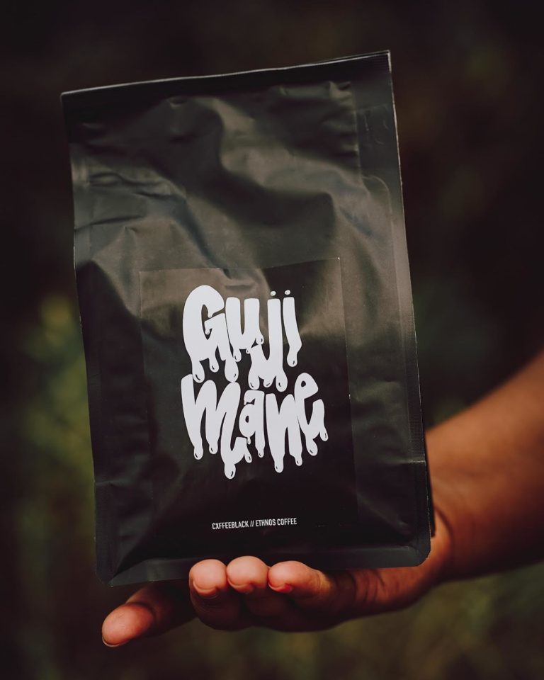 A hand holding a bag of guji maing coffee, a business guide for coffee enthusiasts.