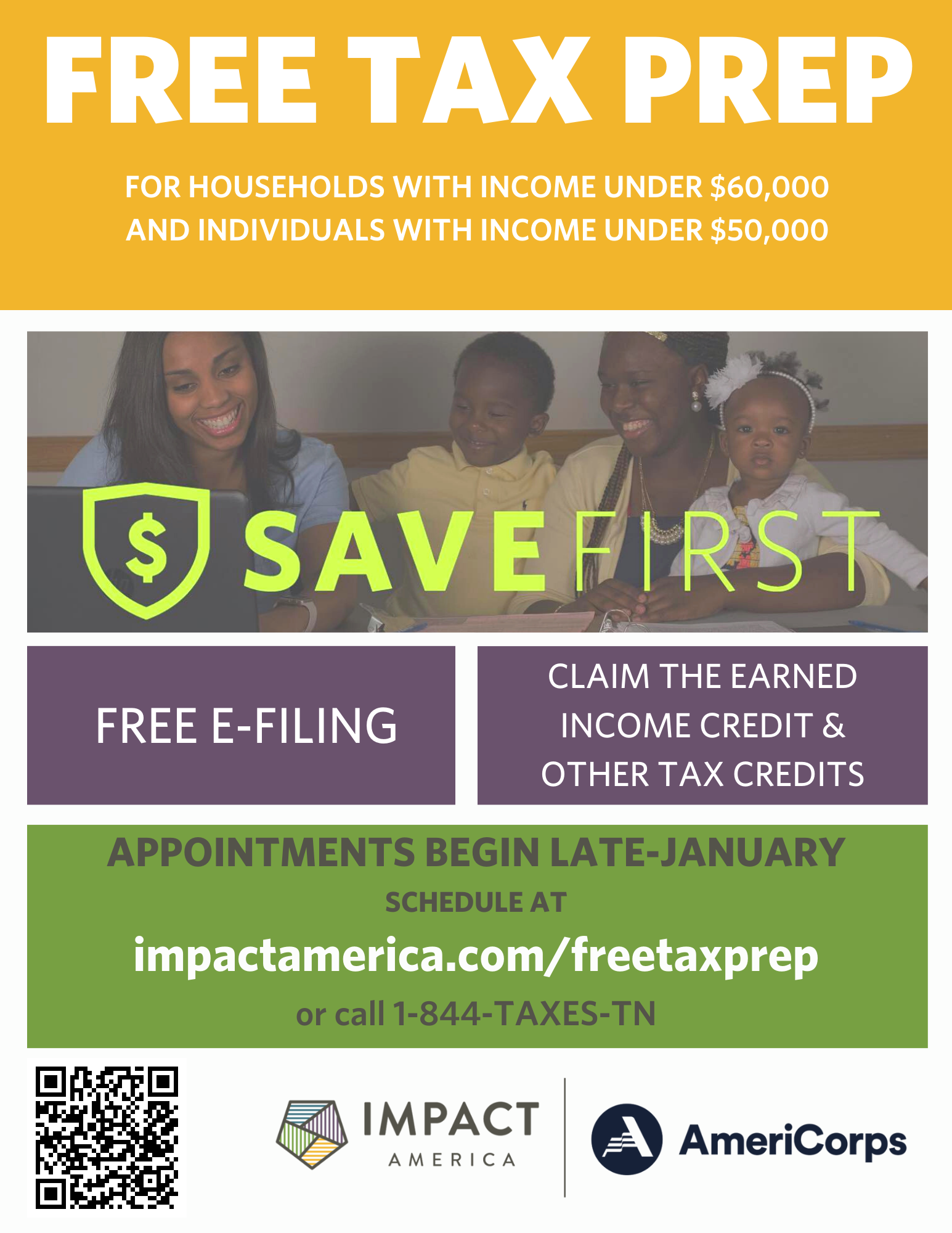 Savefirst free tax prep flyer. Get involved with Impact America's Tax Prep program and receive free assistance with your taxes.