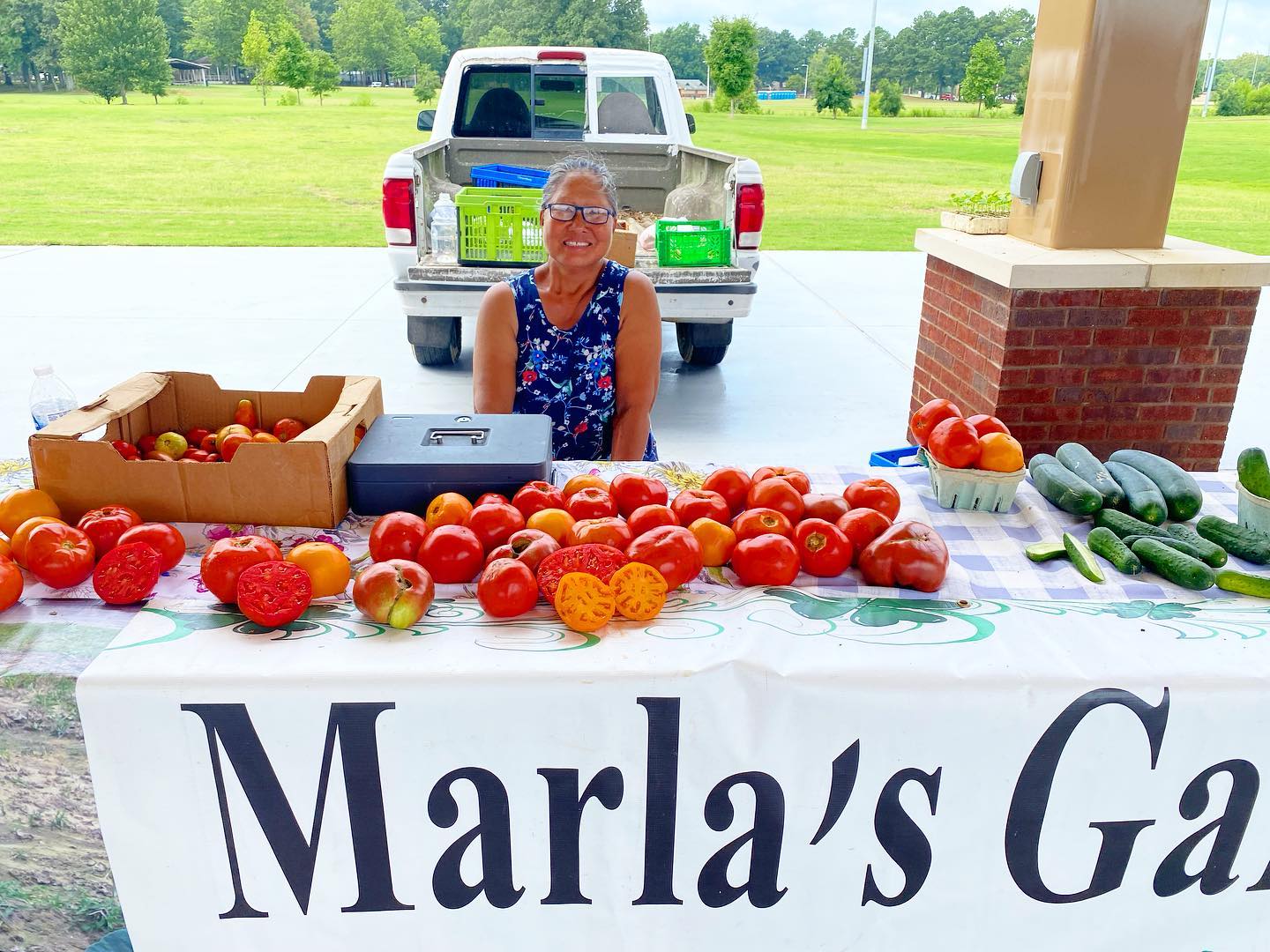 Marla's farmers market produce stand.