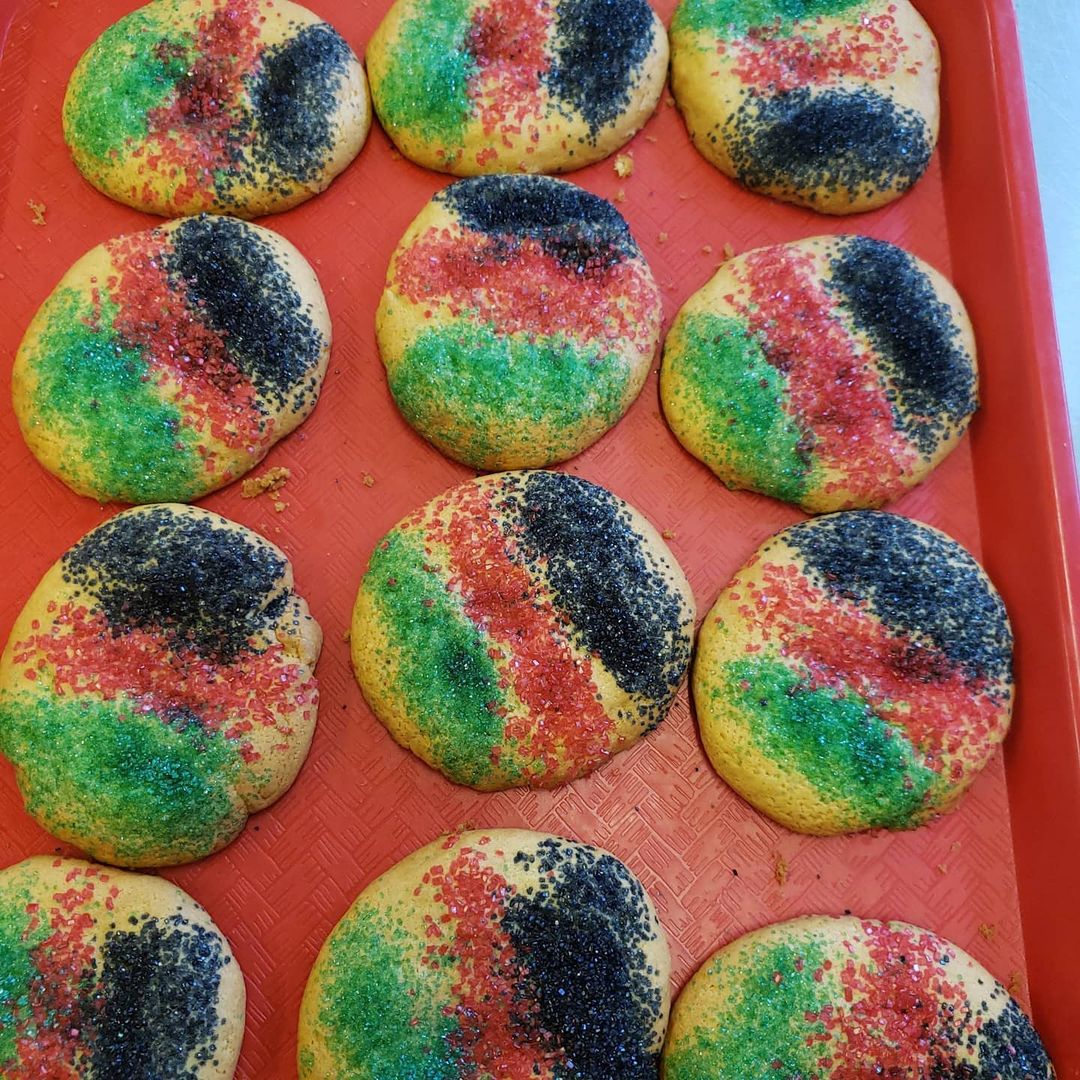 A tray of cookies decorated with multicolored sprinkles for Juneteenth in Memphis.