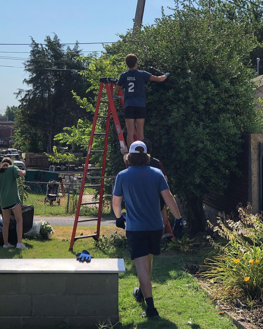 A group of Memphis Nonprofits working on a ladder in a yard.