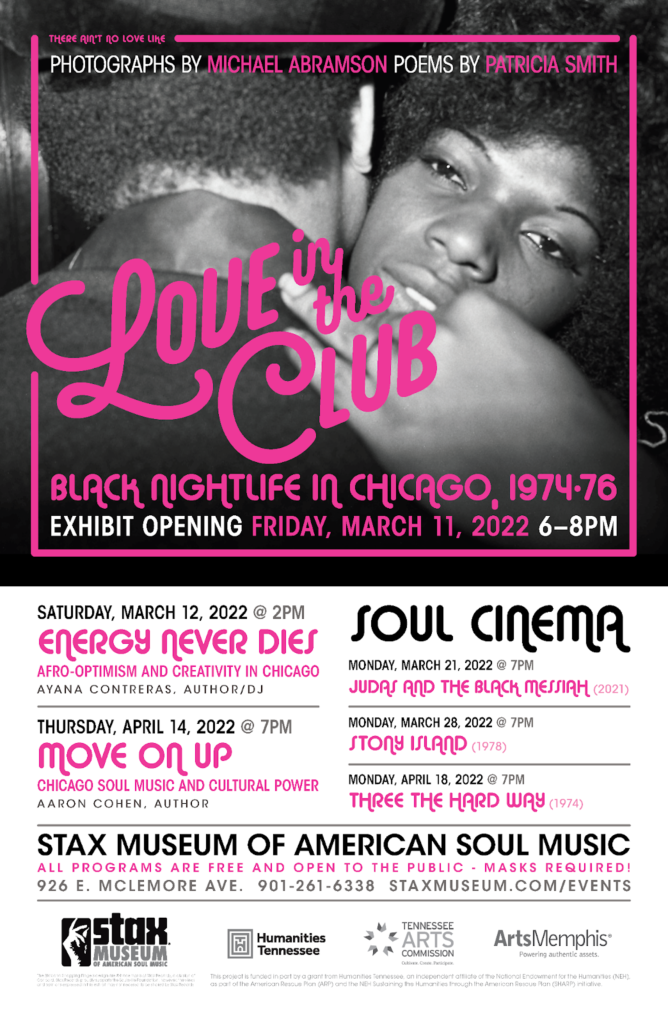A poster for a love-themed club night in Chicago featuring Stax Museum exhibits.