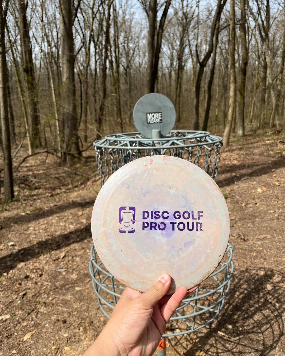 Person holding disc in front of basket at disc golf course in Memphis.