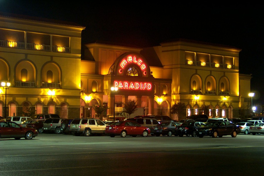 The casino is lit up at night.