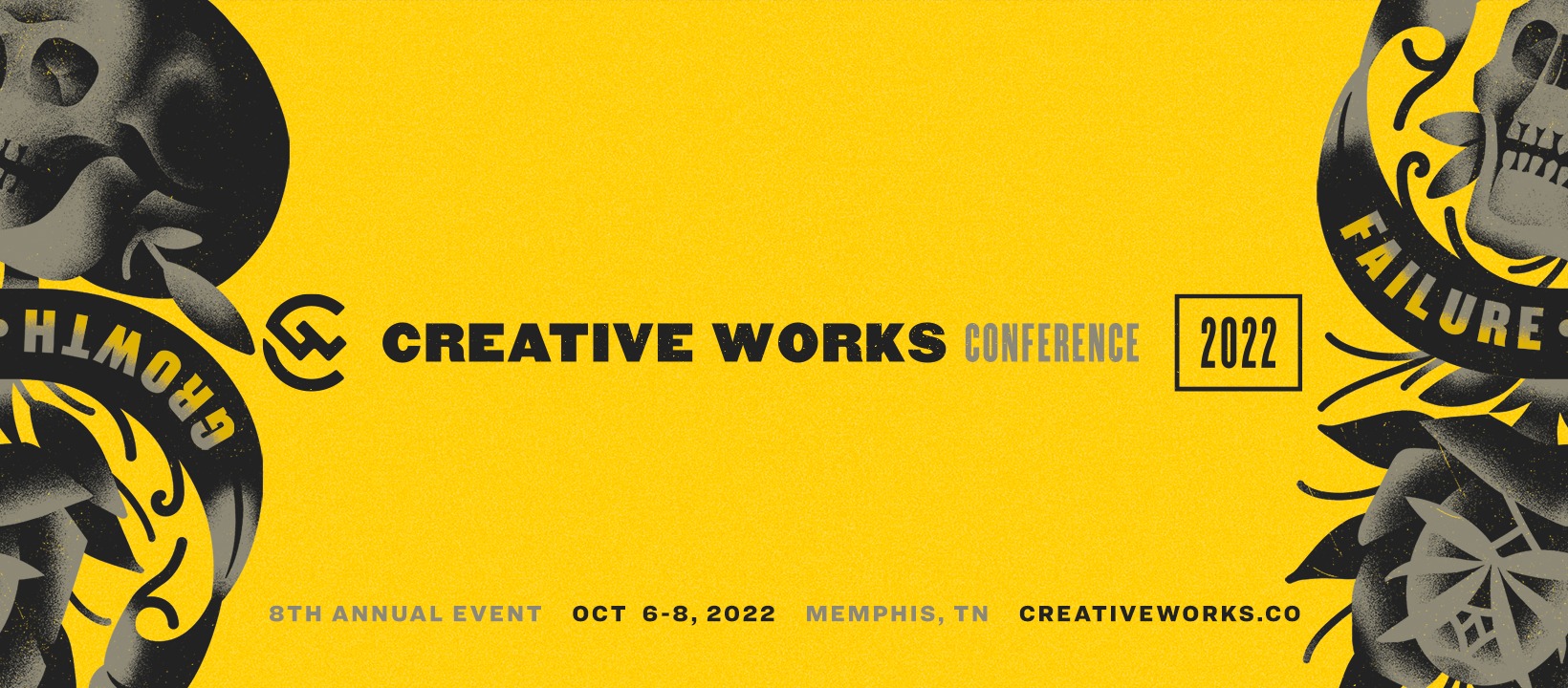 A poster for the Creative Works Conference on a yellow background.