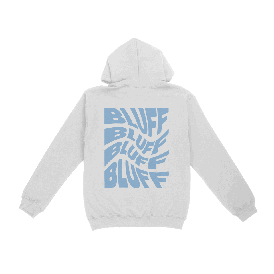A white hoodie with a blue design from Choose901 Merch Market.