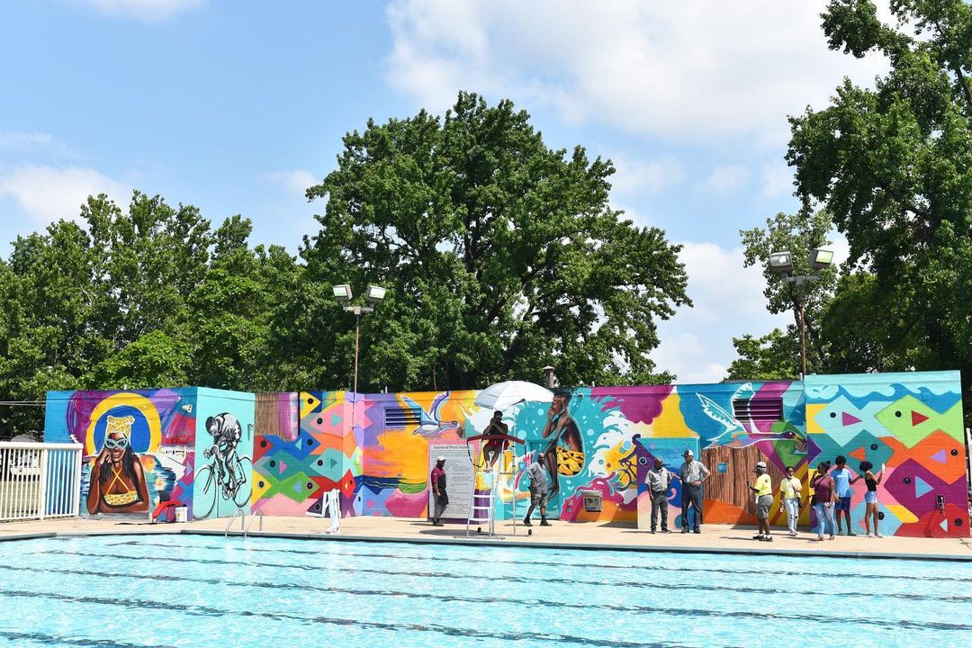Colorful mural surrounding Gooch Pool in North Memphis neighborhood