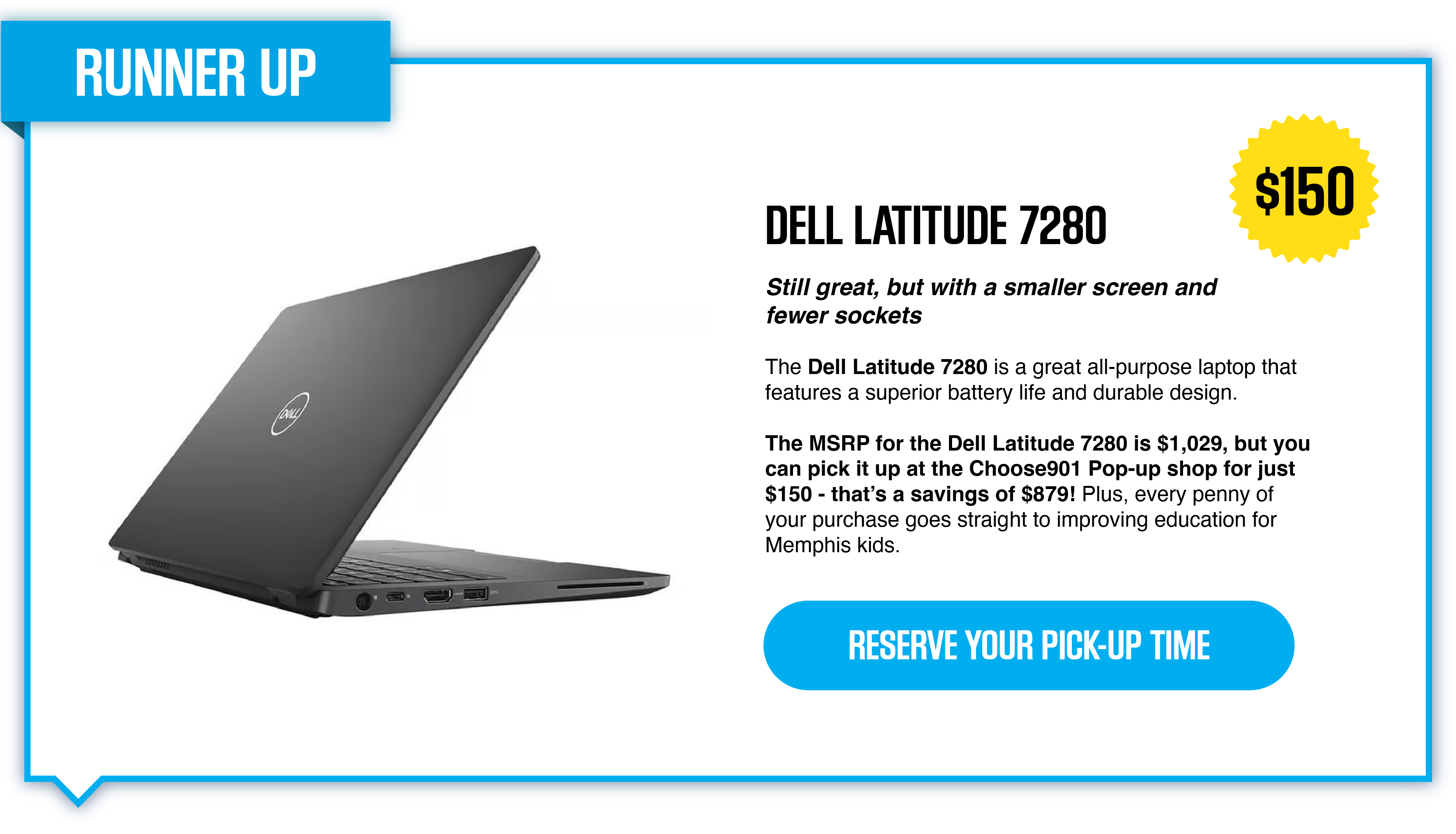 A dell laptop for Computers for a Cause with the word 'runner up' on it.