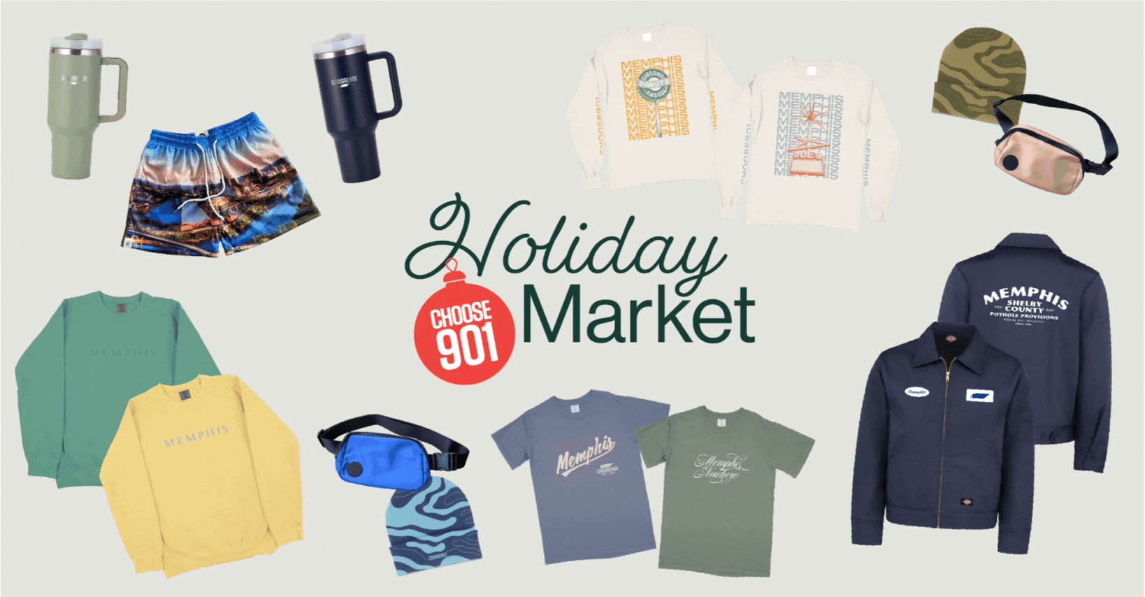 A collage of items with the words holiday shop market, featuring the Choose901 Holiday Market 2023.