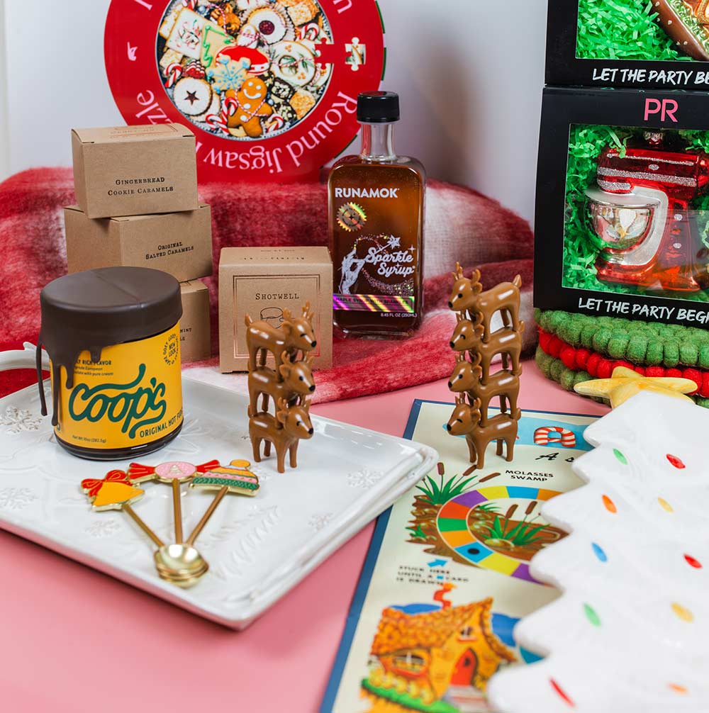 A table adorned with a diverse assortment of festive finds during the holiday season.
