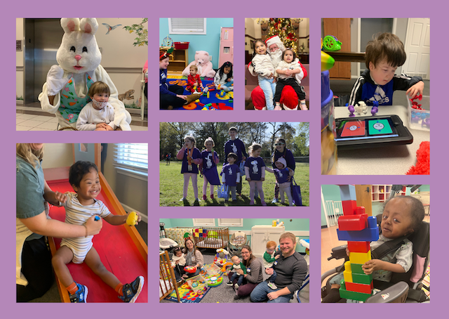 A collage of pictures of children from different races playing in a playroom.