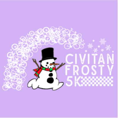 A snowman races with the words citizen frosty 5k on a purple background.