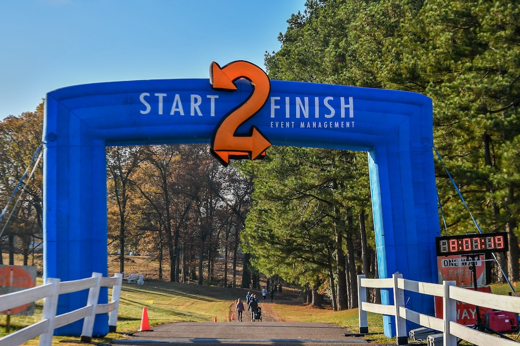 A blue archway with a sign that says start 2 finish, perfect for races.