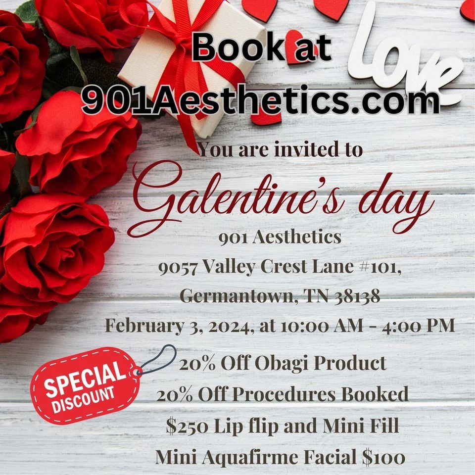 A Galentine's Day flyer with roses and 901 Aesthetics.