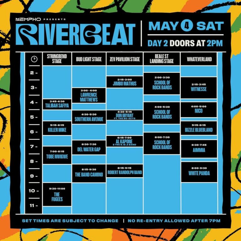 Concert schedule flyer for Riverbeat Music Festival featuring times, stage names, and band lineups for day 2 starting at 2 pm, with a bold, colorful design and no re-entry after