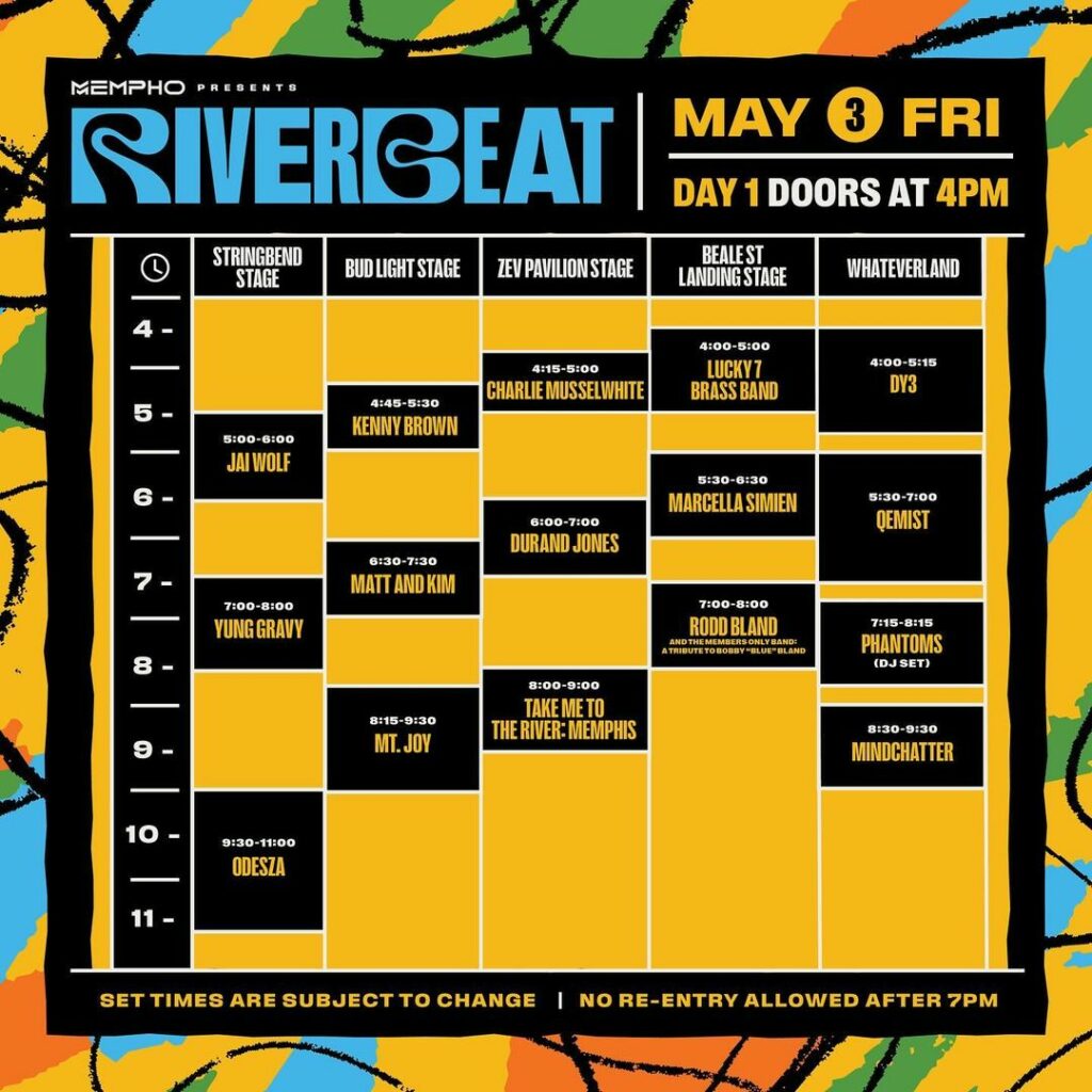 Schedule for Riverbeat Music Festival with multiple stages and set times listed, highlighted in bright colors on a black background, noting doors open at 4 pm.