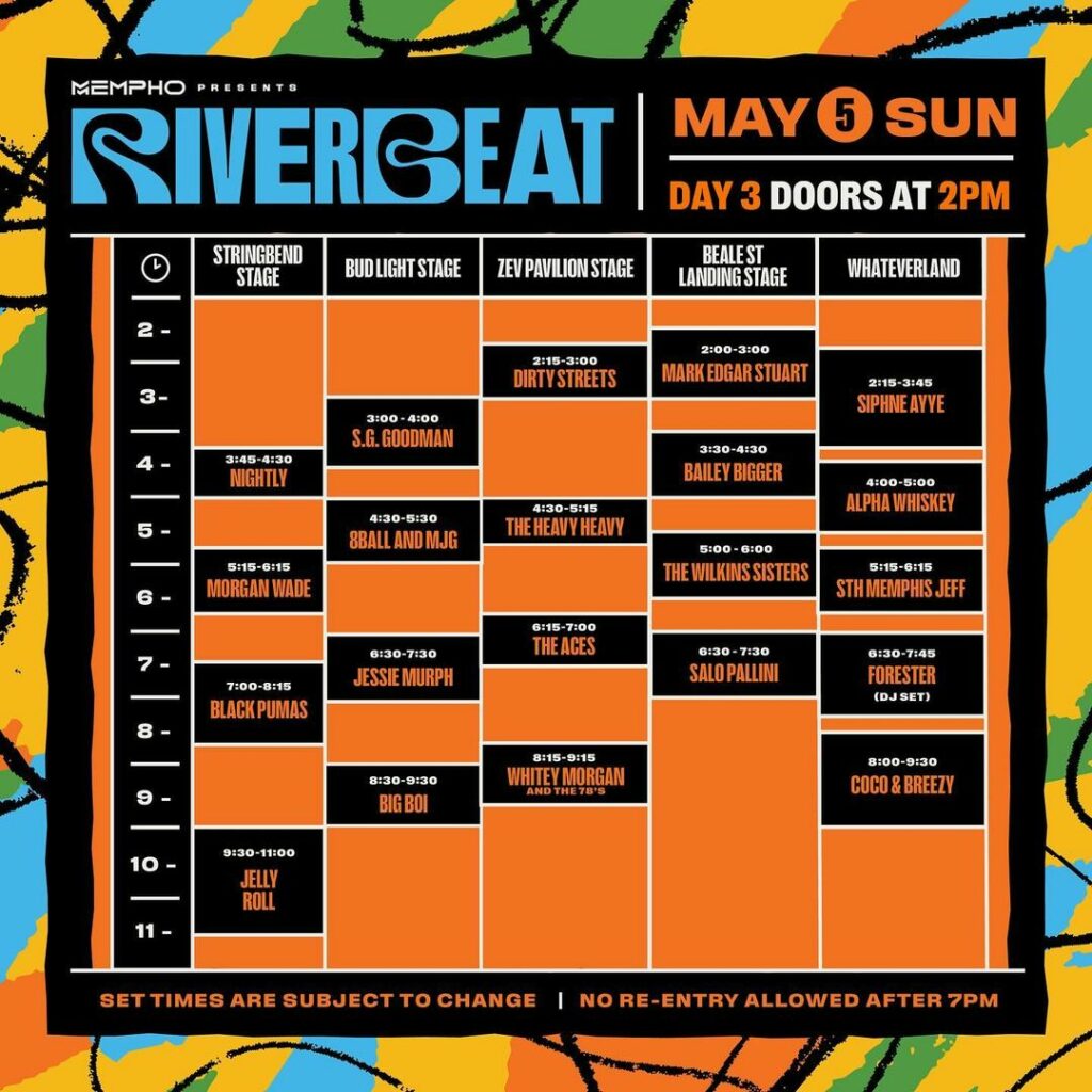 Colorful schedule poster for the Riverbeat Music Festival, featuring multiple stage names and set times for various bands and artists, presented in a bold, graphic layout.