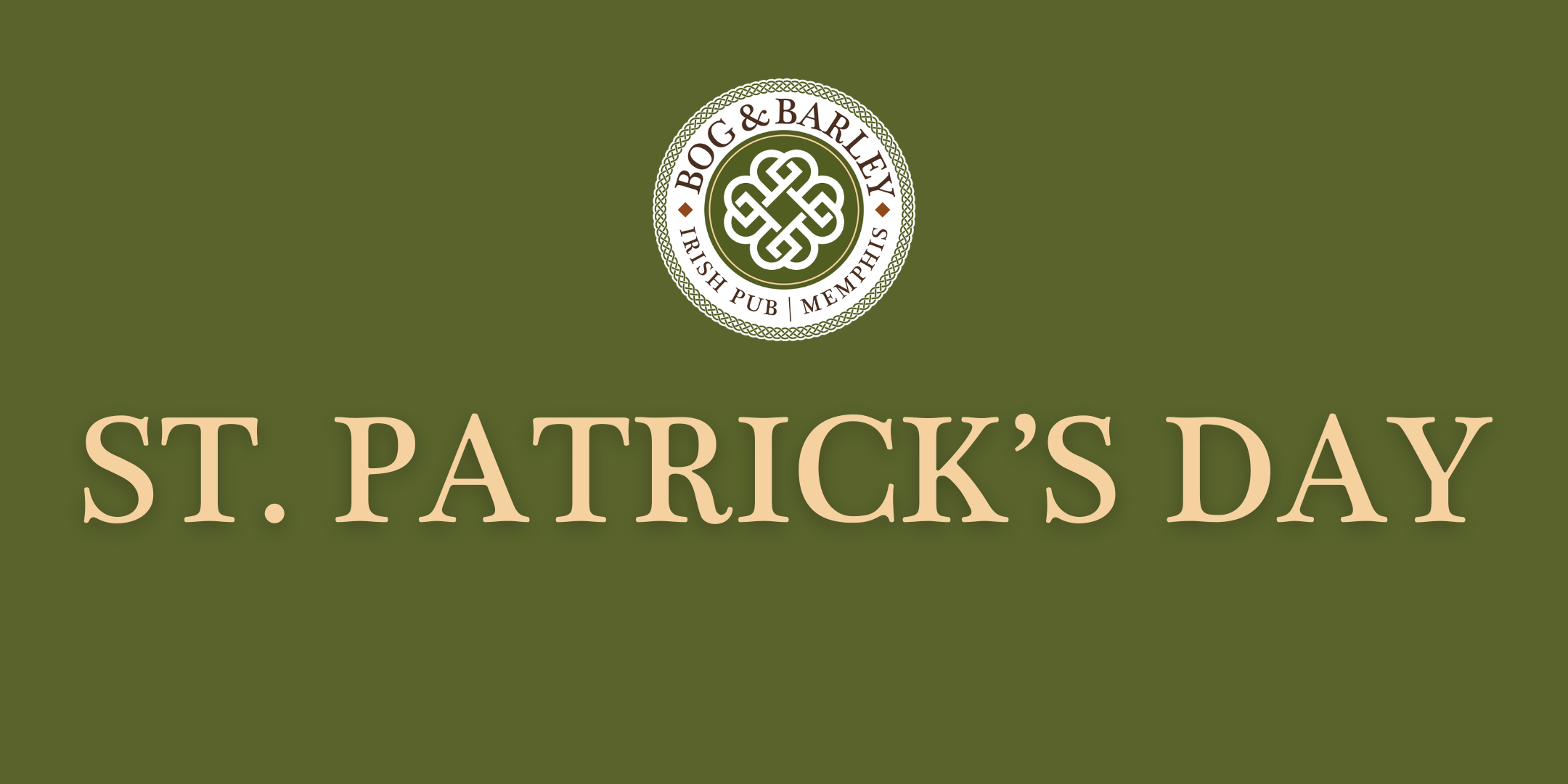 St. Patrick's Day logo with Bog & Barley symbols on a green background.