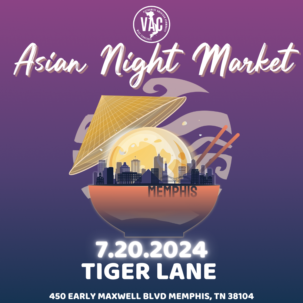 Promotional poster for the Asian Night Market event on July 20, 2024, at Tiger Lane, Memphis TN.