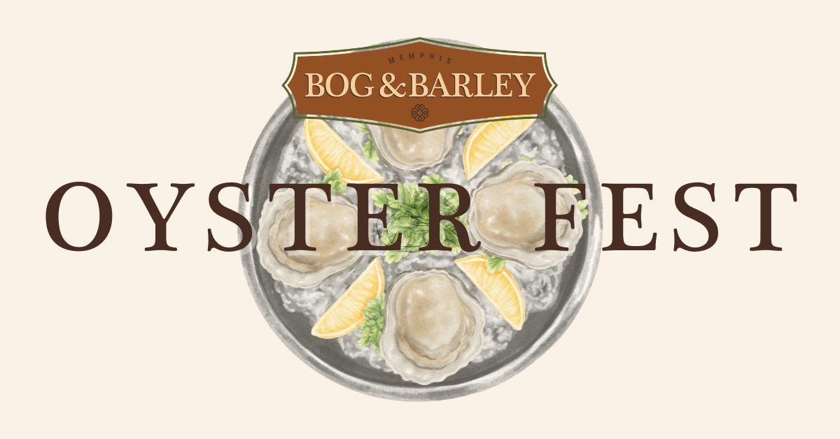 Logo for "Bog & Barley Oyster Festival" featuring a plate of oysters garnished with lemon wedges on a cream background.