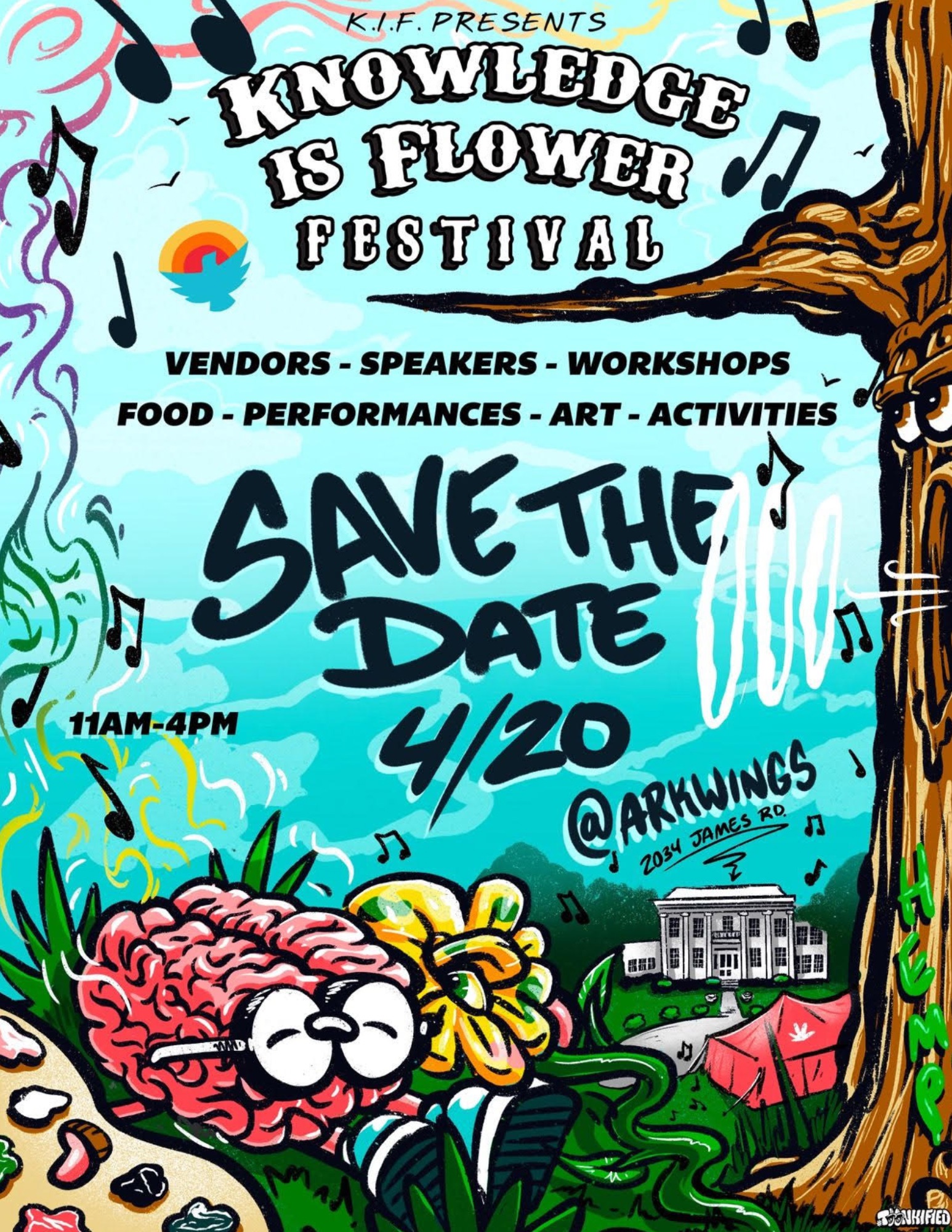 Promotional poster for the "knowledge is power" flower festival, featuring vibrant, cartoon-style artwork with event details for April 20th, including vendors, workshops, and performances.