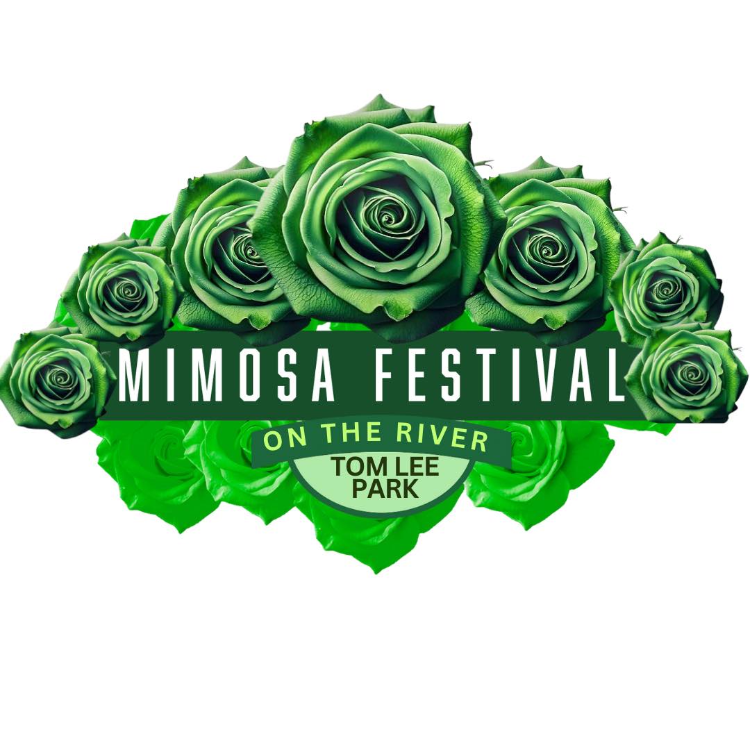 Logo for the mimosa festival at tom lee park featuring a cluster of green roses arranged in the shape of a cloud.