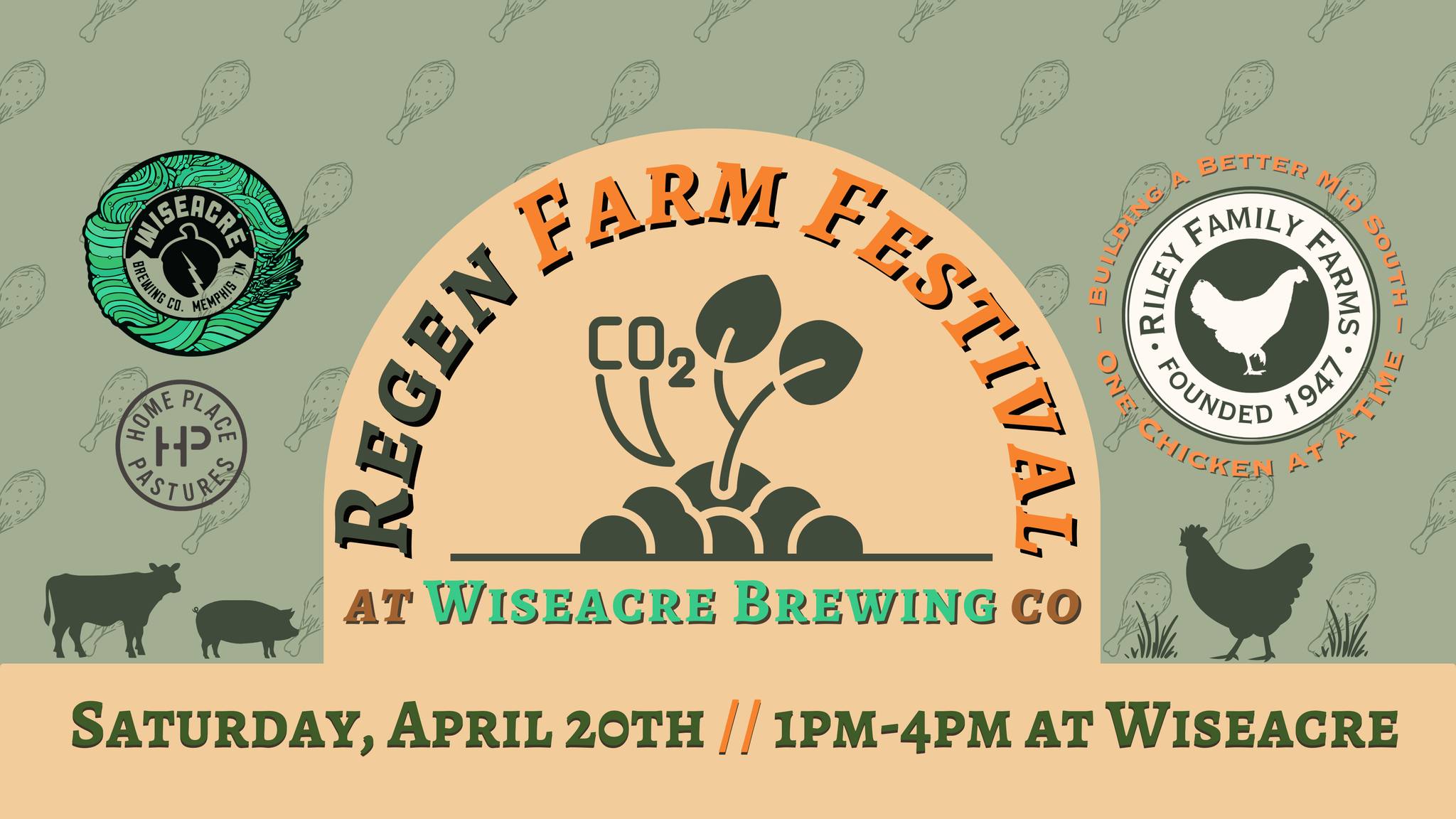 Promotional graphic for the Regen Farm Festival at Wiseacre Brewing Co on April 20th, featuring farm animal silhouettes, plant motifs, and sponsor logos.