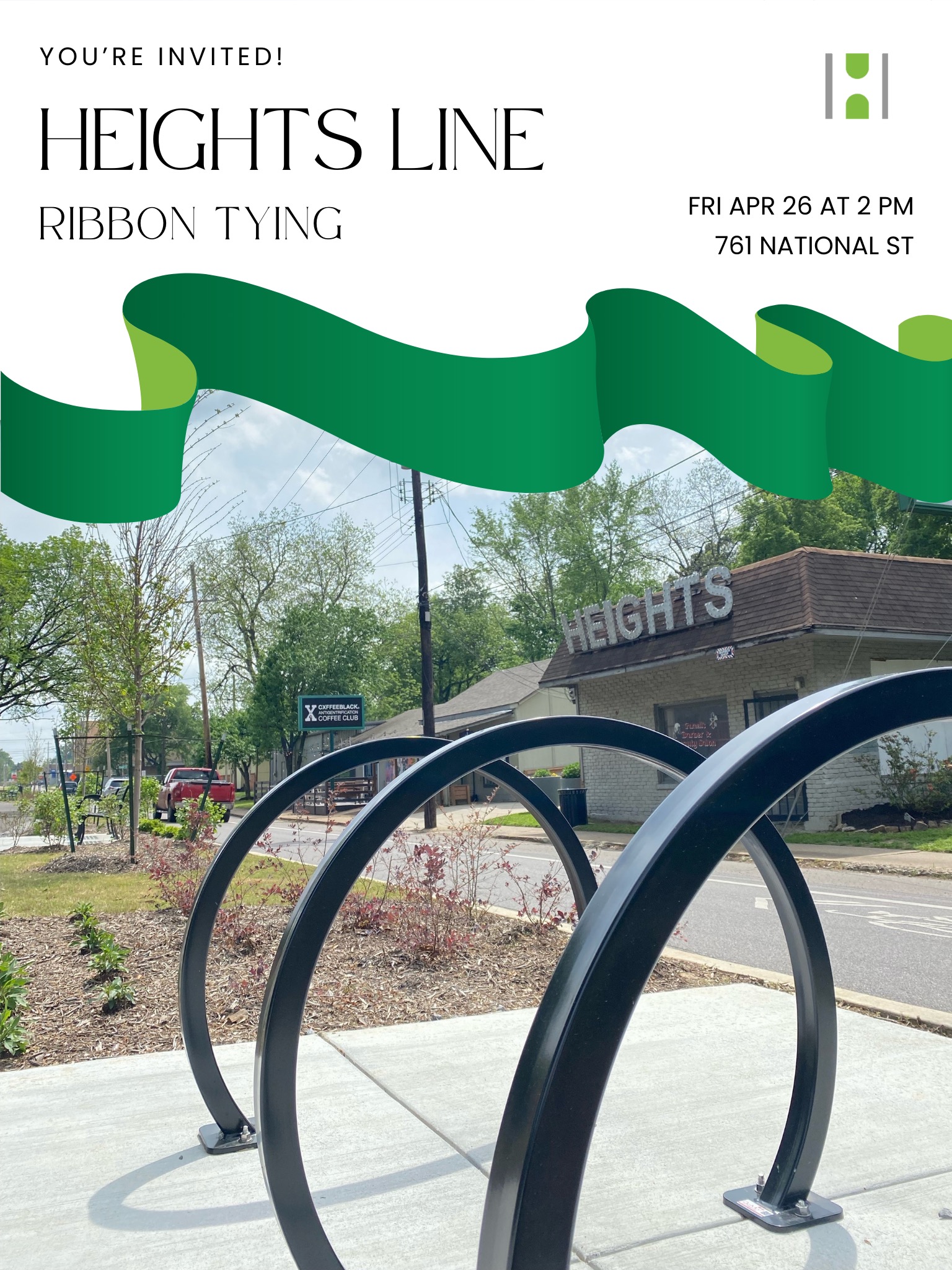 Invitation flyer for the Heights Line ribbon-tying ceremony on April 26 at 2 pm, featuring a view of the venue with distinctive curved bike racks in the foreground.