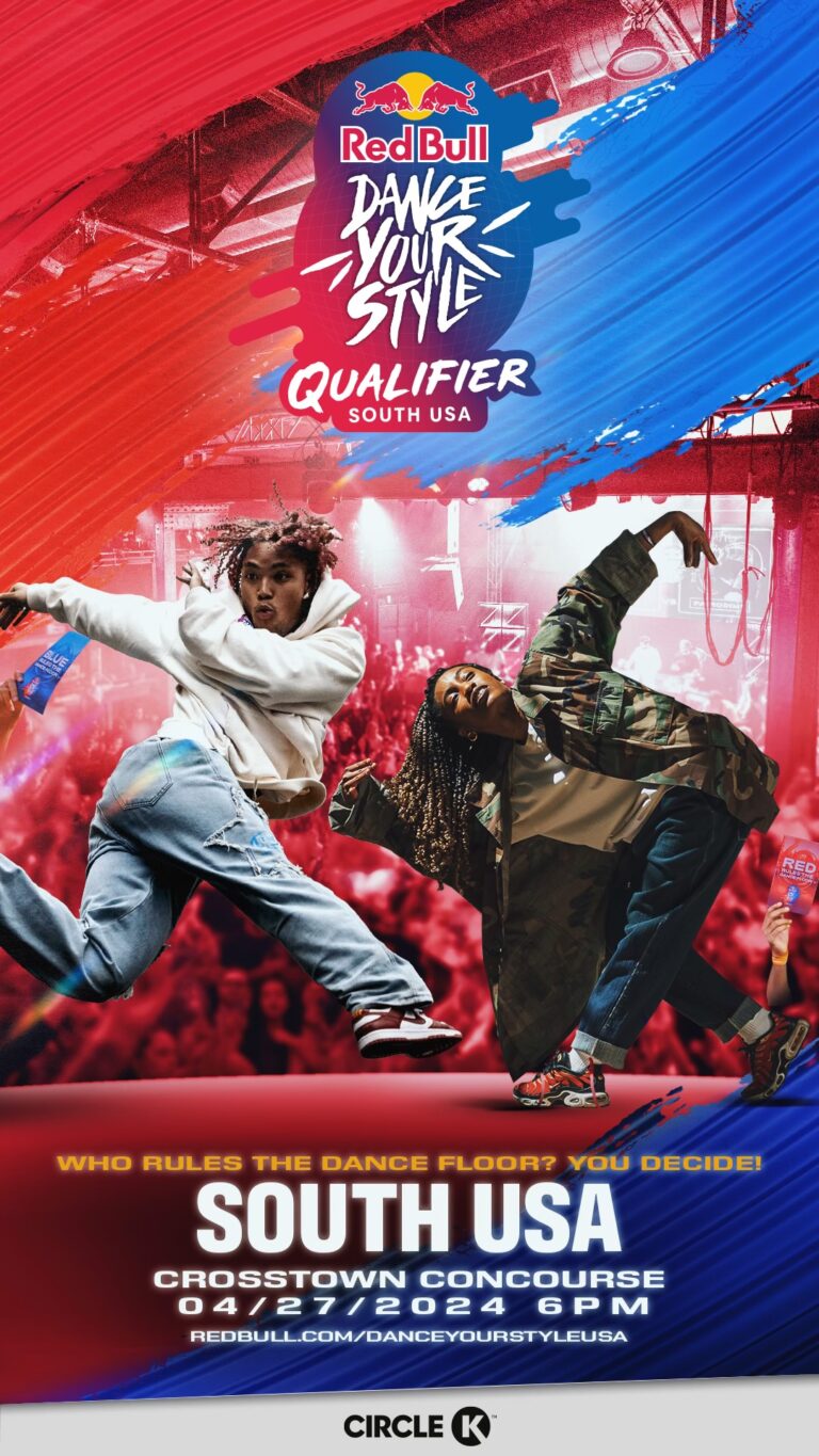 Promotional poster for Red Bull Dance Your Style South USA Qualifier event featuring Memphis Dancers in an electric return.