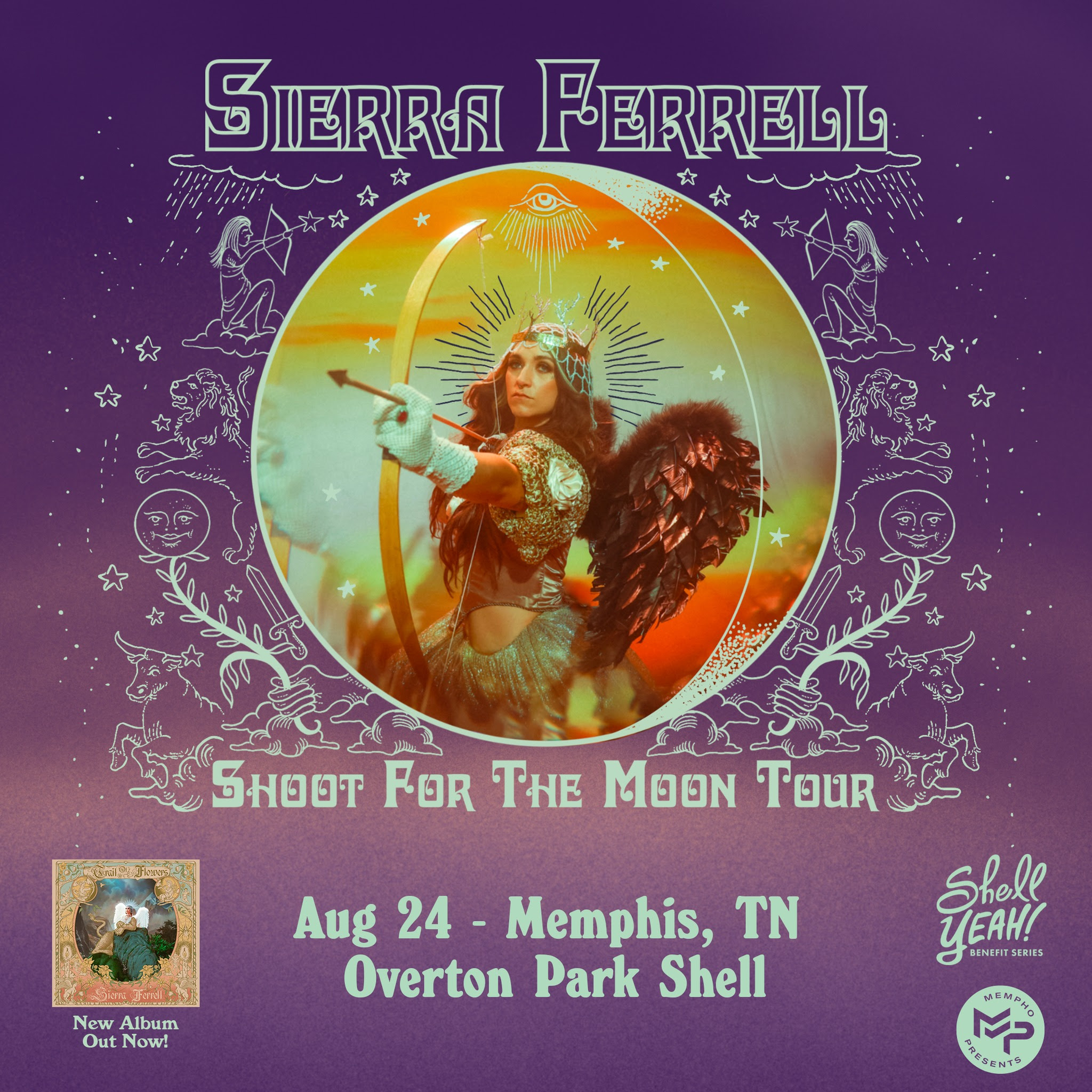 Promotional poster for Sierra Ferrell's "Shoot for the Moon Tour" featuring tour dates and an illustrated portrait of the artist in a circle surrounded by celestial graphics.