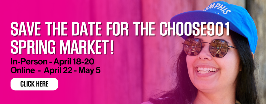 A smiling woman wearing a cap and sunglasses in a promotional banner for the Choose901 Spring Market event, celebrating the solar eclipse in Memphis.