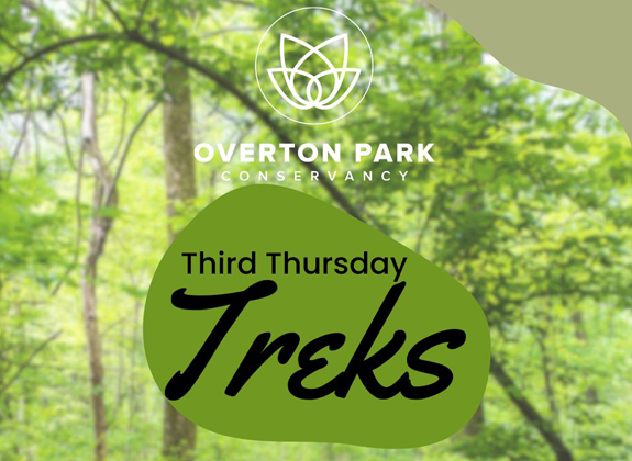Promotional graphic for "Third Thursday Trek" at Overton Park Conservancy, featuring a logo with a forest background.