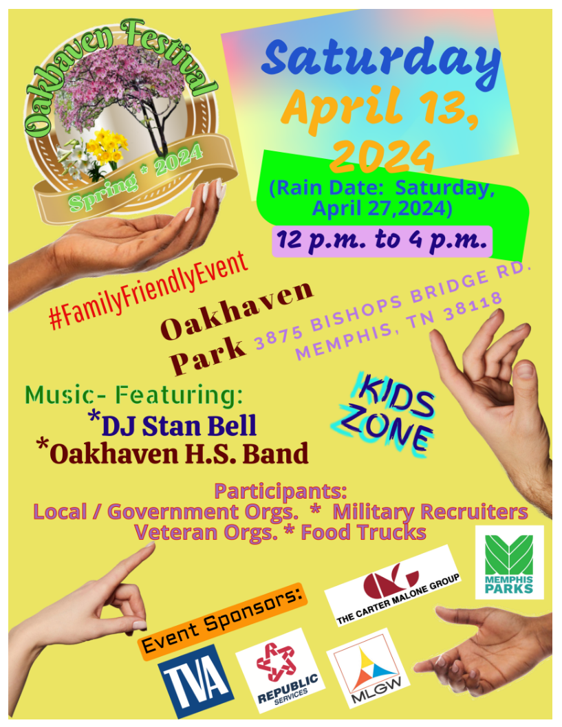 Colorful flyer for the Oakhaven Festival on Saturday, April 13, Spring 2024, highlighting music, family-friendly activities, and local vendors in Memphis, TN.