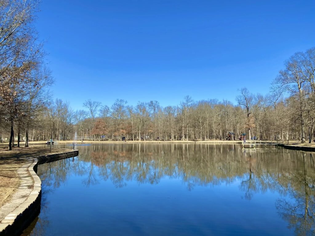 A serene Memphis park scene featuring a large reflective pond surrounded by leafless trees under a clear blue sky.