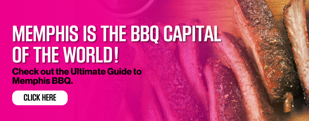 Advertisement caption with text "Memphis is the BBQ capital of the world! Discover the ultimate guide to Memphis BBQ. Click here" next to a close-up of juicy BBQ ribs.