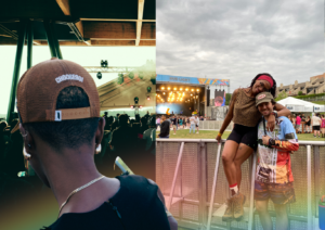 Two images split screen: left, back of a person's head with a "choose901" hat. Right, two women posing joyfully at the Riverbeat Festival.